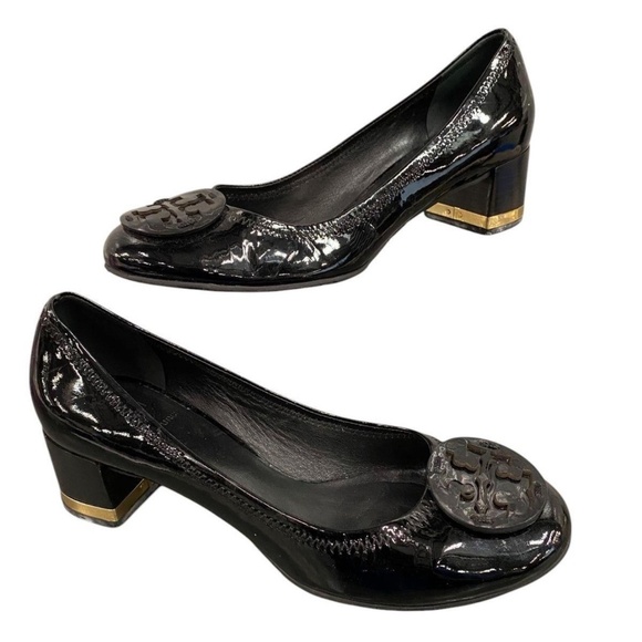 Tory Burch Amy Patent Leather Block Heel Pumps Black Gold Trim Logo Size 8 M - Picture 8 of 8